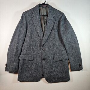 Vtg Harris Tweed Nordstrom Grey Herringbone Wool Sport Coat Blazer 42L Lthr Btn‎